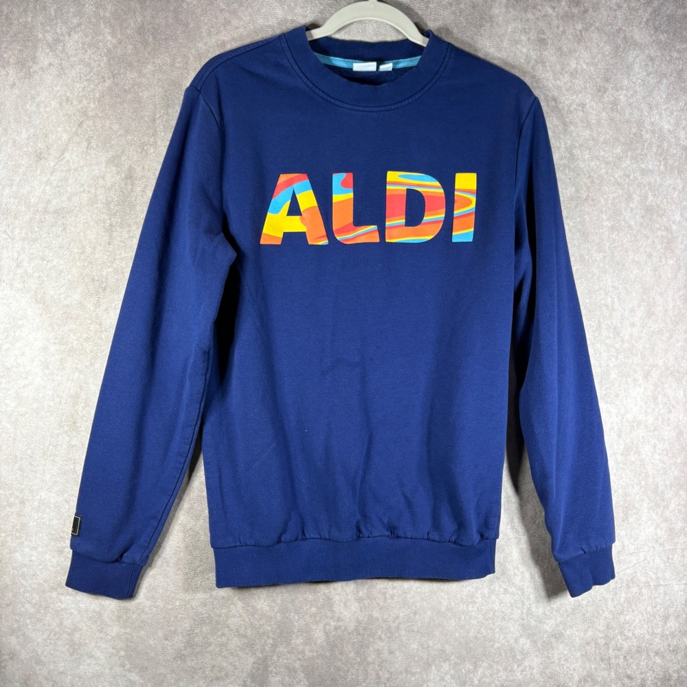 Aldi Sweatshirt Unisex Small Blue Aldi Gear Graphic Logo Pullover Fleece Novelty